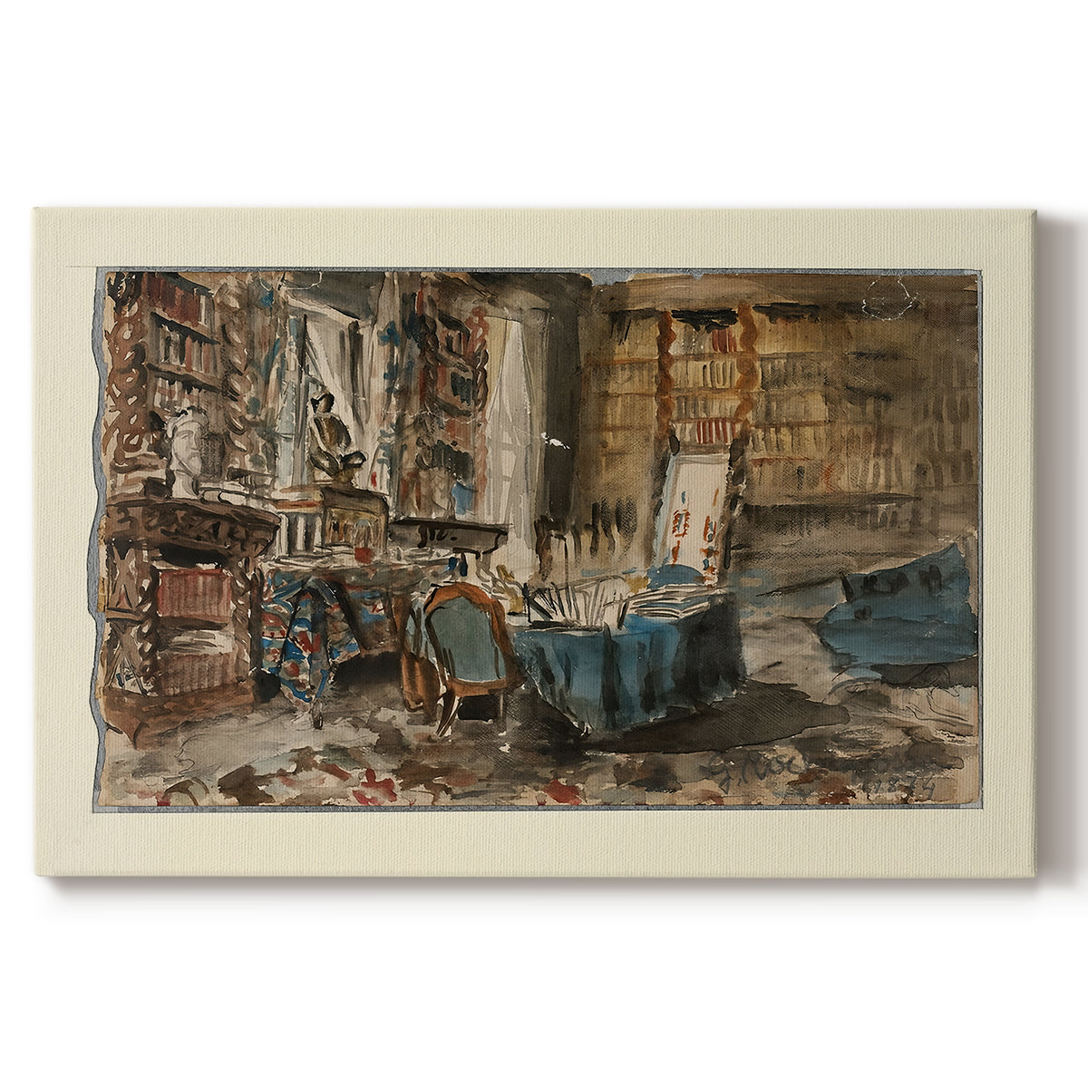 Canvas art print portraying a detailed interior study filled with books, furniture, and personal objects, set against a white background