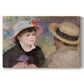 Canvas art print portraying a close-up of a couple seated together outdoors with hats and soft sunlight, set against a white background