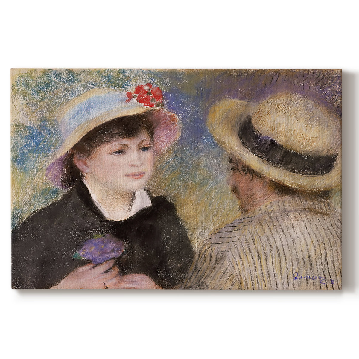 Canvas art print portraying a close-up of a couple seated together outdoors with hats and soft sunlight, set against a white background