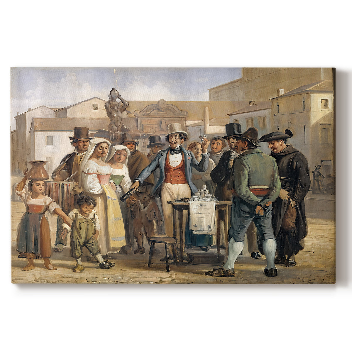 Canvas art print portraying a street scene with crowd gathered around vendor demonstrating product, set against a white background
