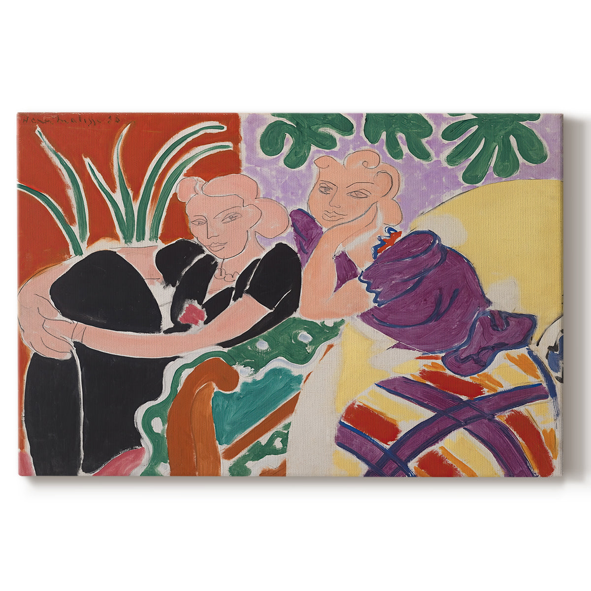 Canvas art print portraying two figures in a vivid interior engaged in conversation, set against a white background