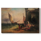 Canvas art print portraying a family gathered near boats and water, set against a white background