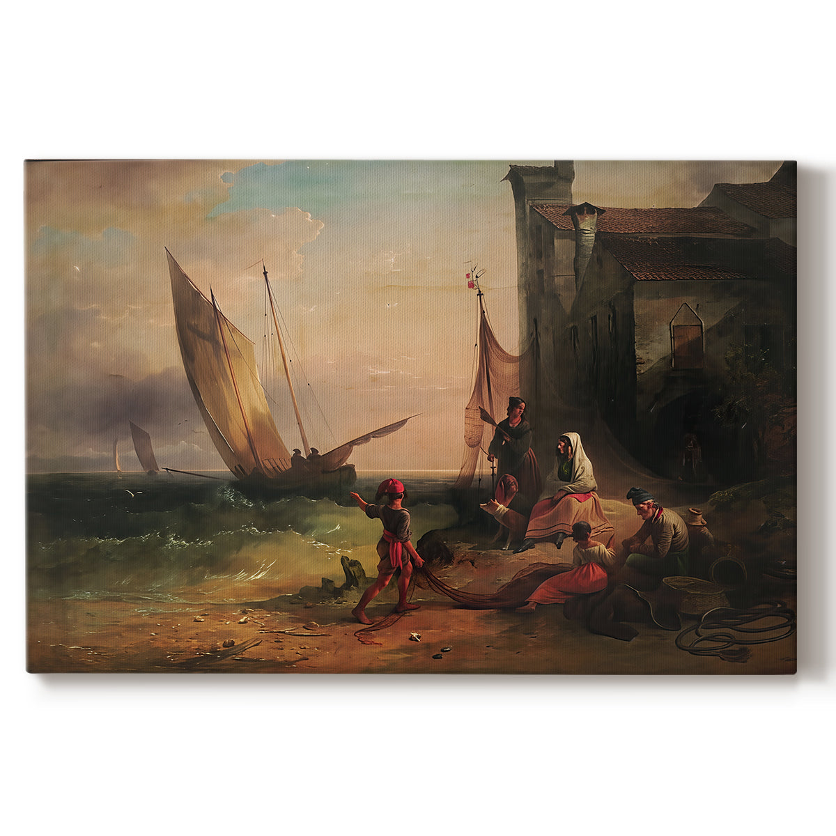 Canvas art print portraying a family gathered near boats and water, set against a white background
