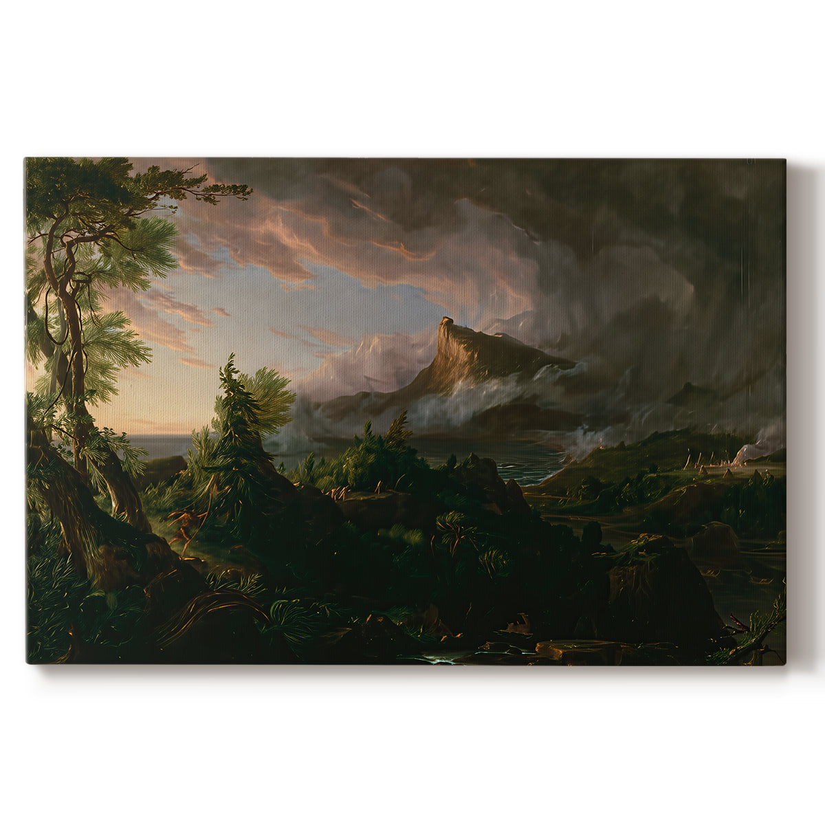 Canvas art print portraying an untamed wilderness landscape with scattered figures and primitive activity, set against a white background