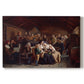 Canvas art print portraying a large gathering of villagers seated around tables during a funeral feast indoors, set against a white background