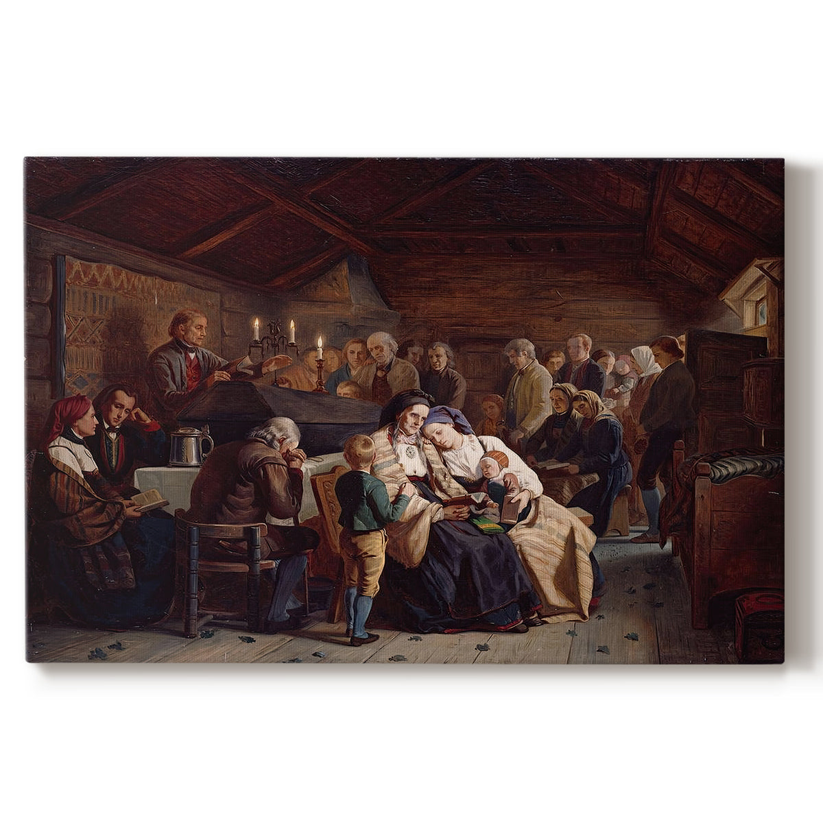 Canvas art print portraying a large gathering of villagers seated around tables during a funeral feast indoors, set against a white background