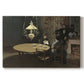 Canvas art print portraying a dimly lit interior with table setting and figure seated after meal, set against a white background