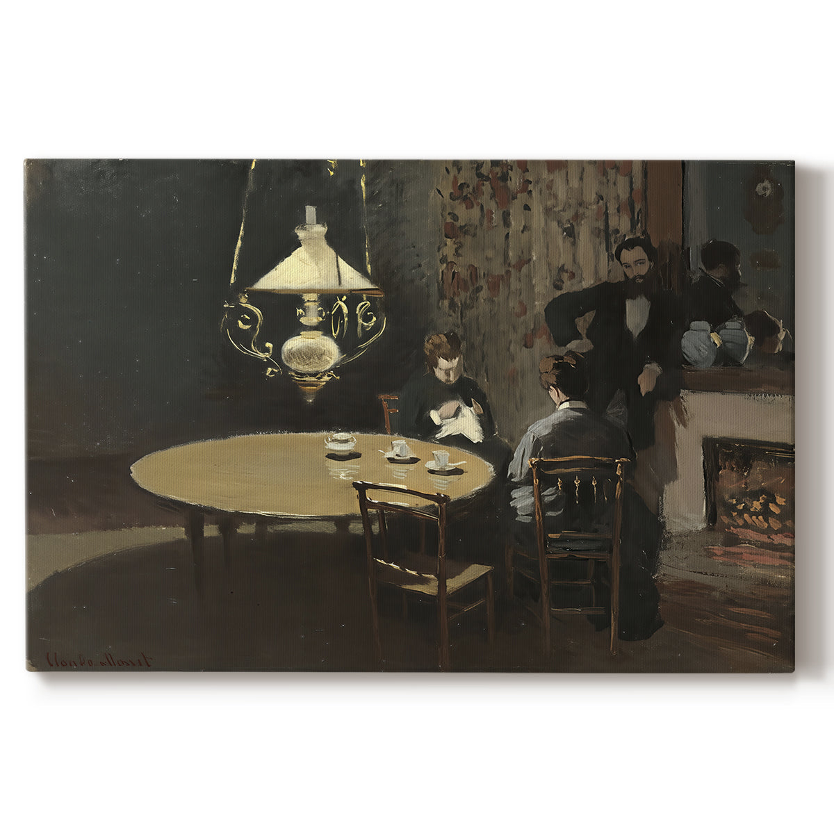 Canvas art print portraying a dimly lit interior with table setting and figure seated after meal, set against a white background