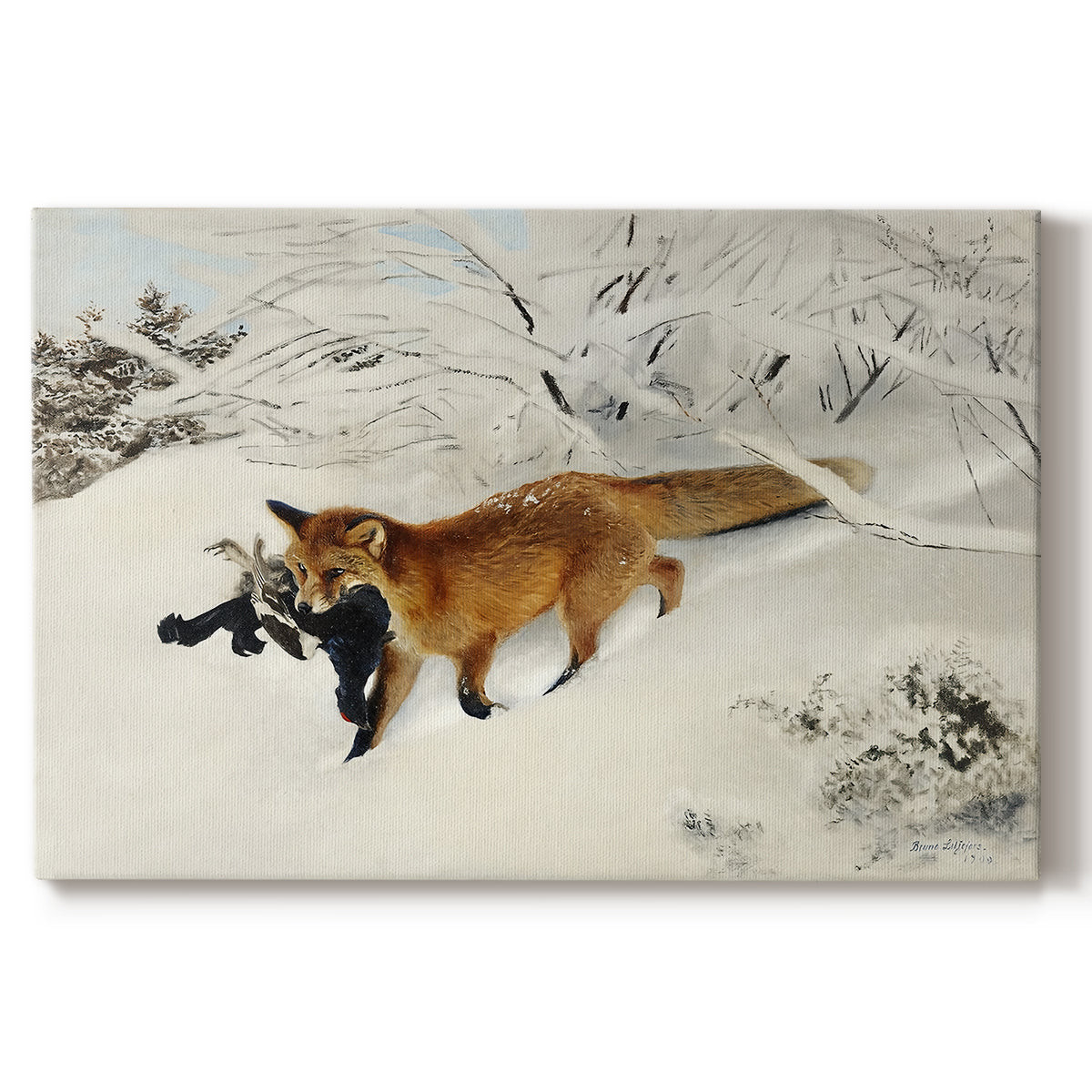 Canvas art print portraying a fox running across snowy landscape with sparse vegetation, set against a white background
