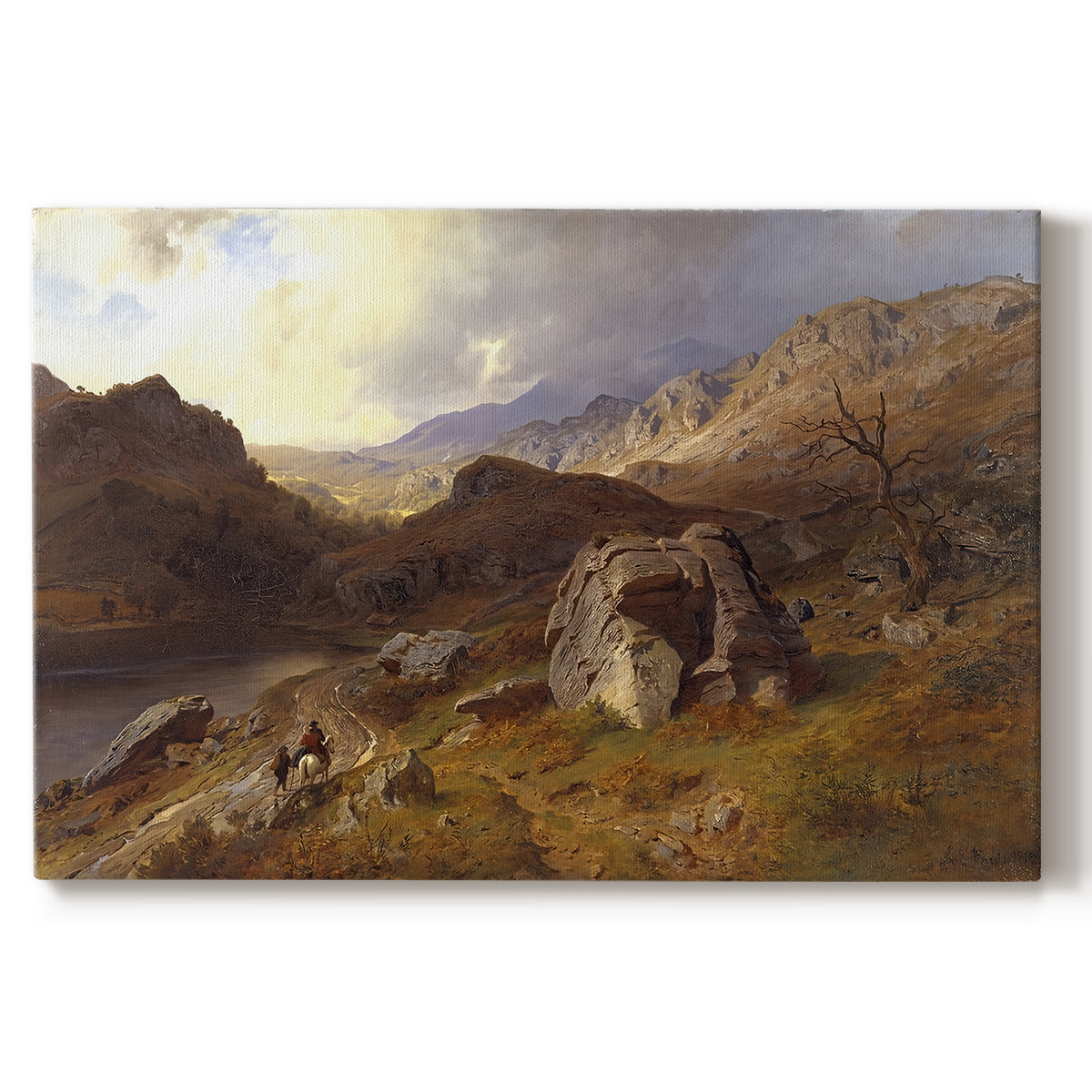Canvas art print portraying an expansive valley landscape with river flowing through rugged hills, set against a white background