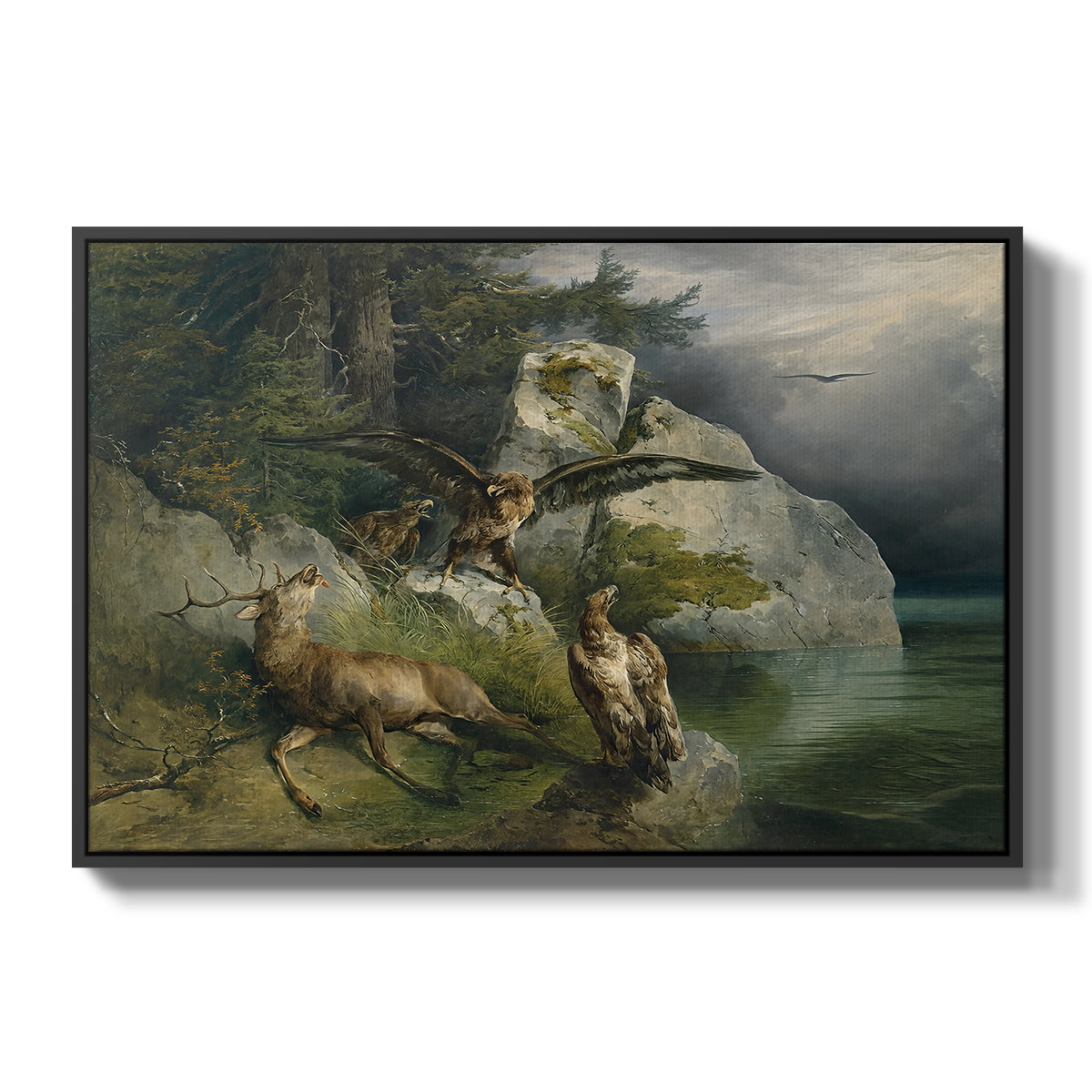 Eagles and Dying Stag on a Lakeshore, 1836 - Floater Framed Canvas Print
