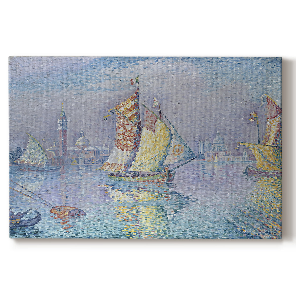 Canvas art print portraying a boat with yellow sail on water, set against a white background