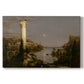 Canvas art print portraying a ruined city overgrown with vegetation under quiet, empty sky, set against a white background