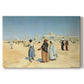 Canvas art print portraying figures traveling across desert with distant city and tombs on horizon, set against a white background