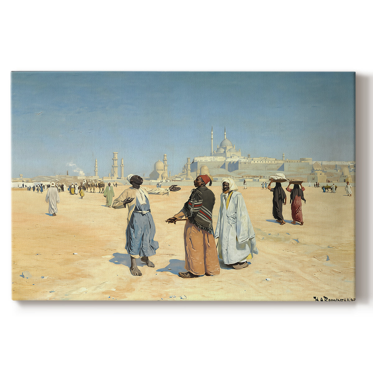 Canvas art print portraying figures traveling across desert with distant city and tombs on horizon, set against a white background