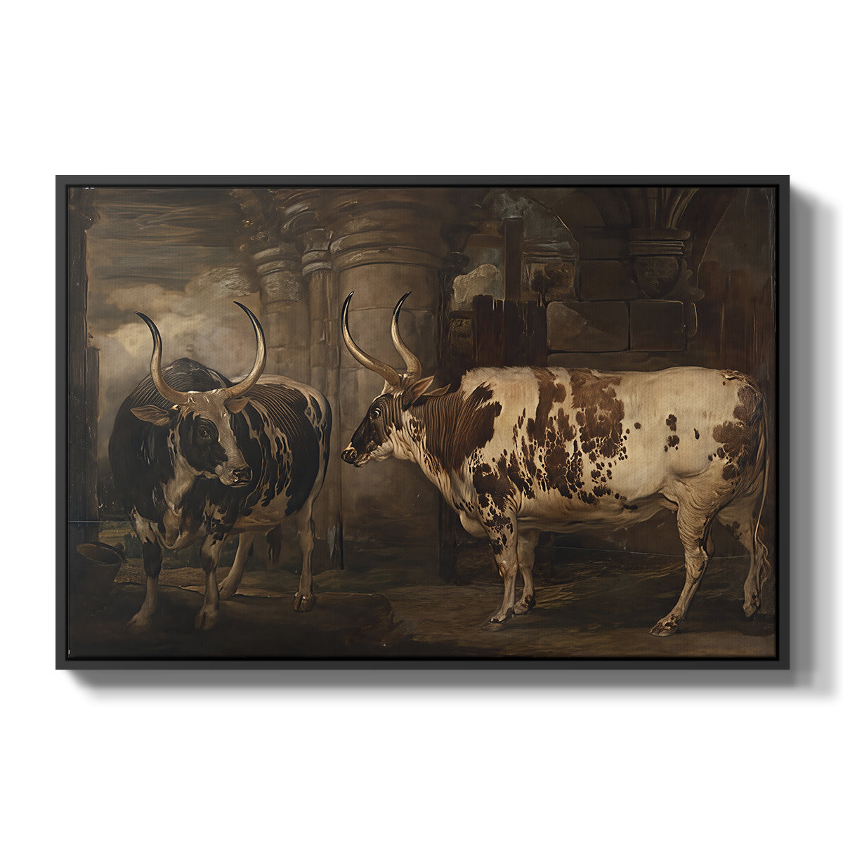 Portraits of Two Extraordinary Oxen, Property of the Earl of Powis, 1814 - Floater Framed Canvas Print