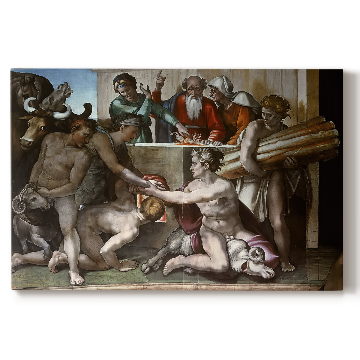 Canvas art print portraying a group of figures around altar performing sacrificial ritual, set against a white background