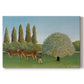 Canvas art print portraying grazing animals in open meadow with trees and simple landscape, set against a white background