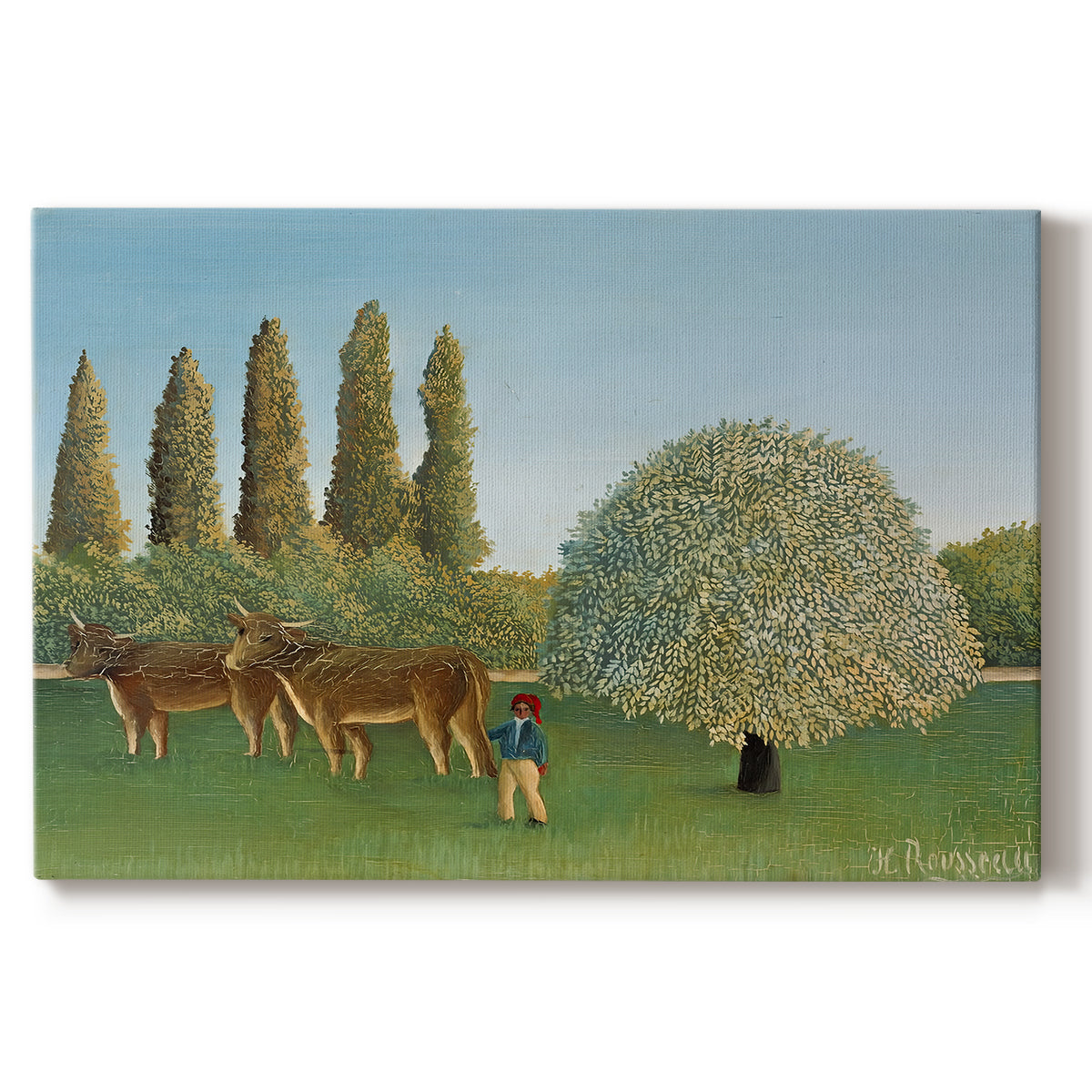 Canvas art print portraying grazing animals in open meadow with trees and simple landscape, set against a white background