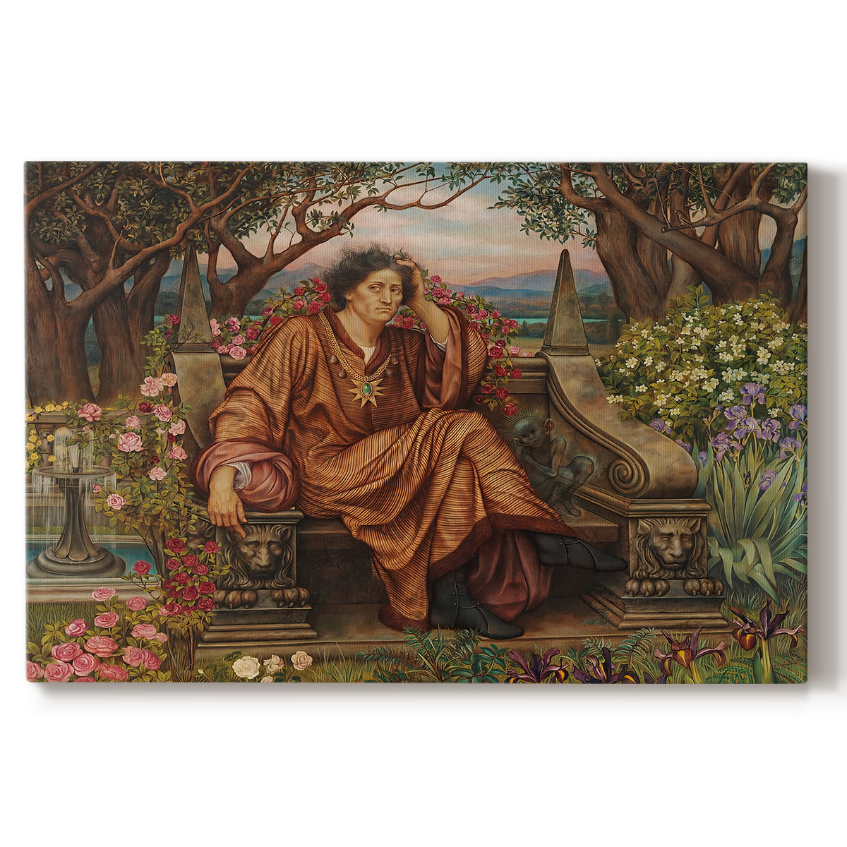 Canvas art print portraying a distressed figure surrounded by flames and torment in symbolic hell scene, set against a white background