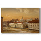 Canvas art print portraying a historic castle courtyard with riders and buildings in structured setting, set against a white background