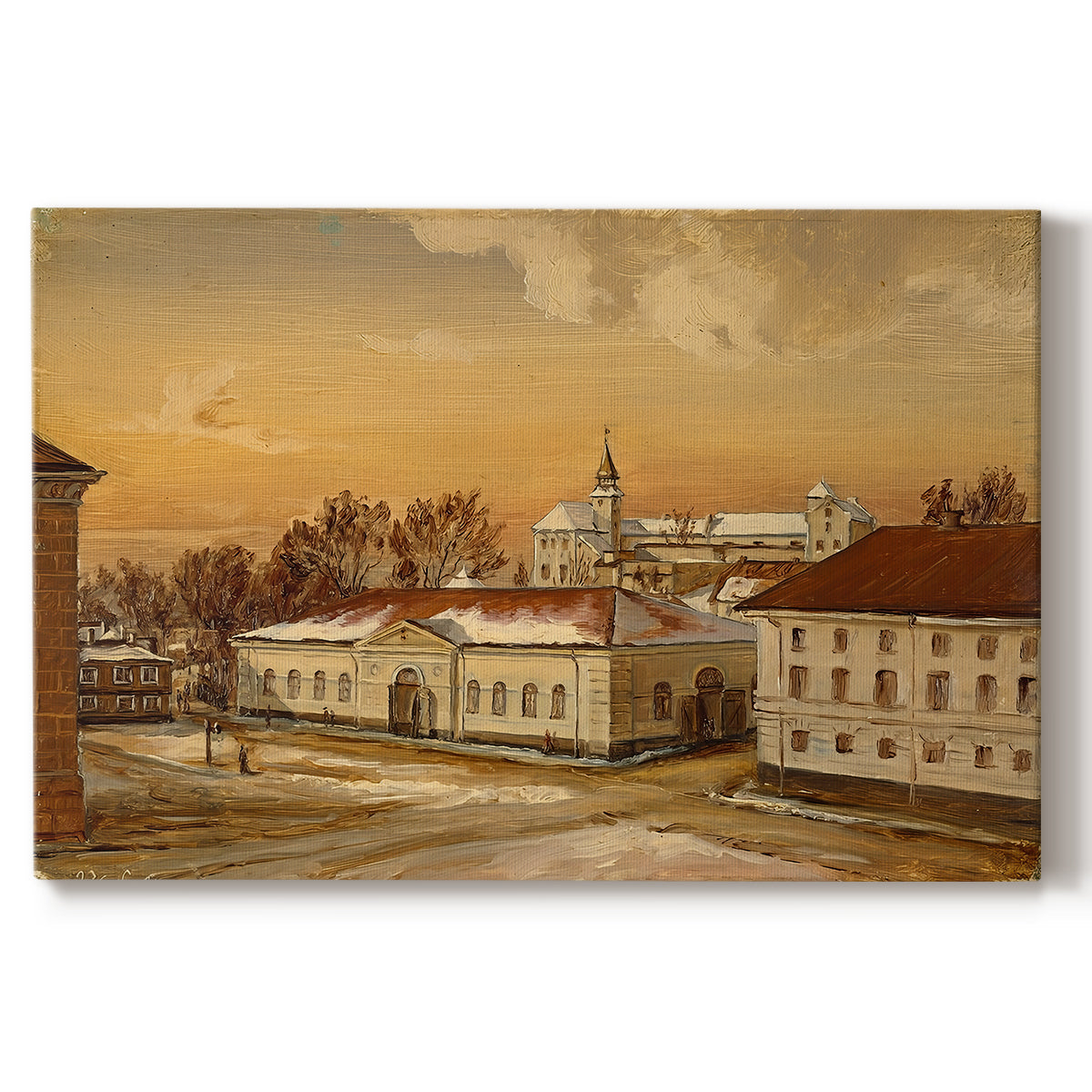 Canvas art print portraying a historic castle courtyard with riders and buildings in structured setting, set against a white background