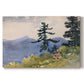 Canvas art print portraying a quiet forest clearing with trees and distant structure in natural setting, set against a white background