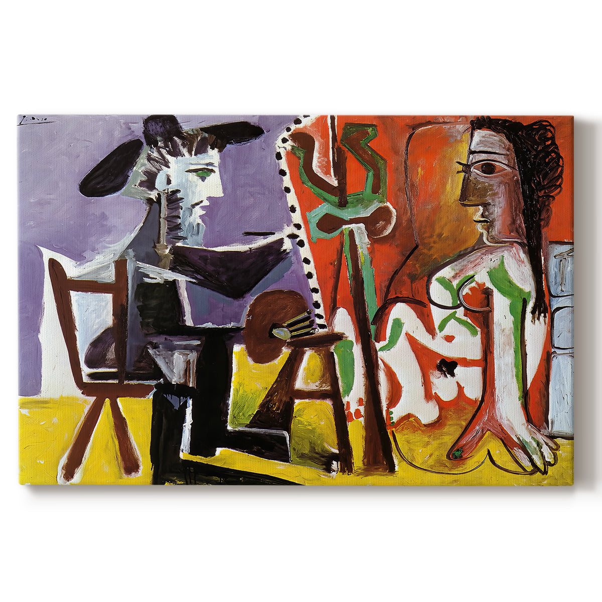 Canvas art print portraying an artist and model in interior using fragmented geometric forms, set against a white background