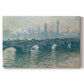 Canvas art print portraying a hazy view of Waterloo Bridge over river in gray atmospheric light, set against a white background