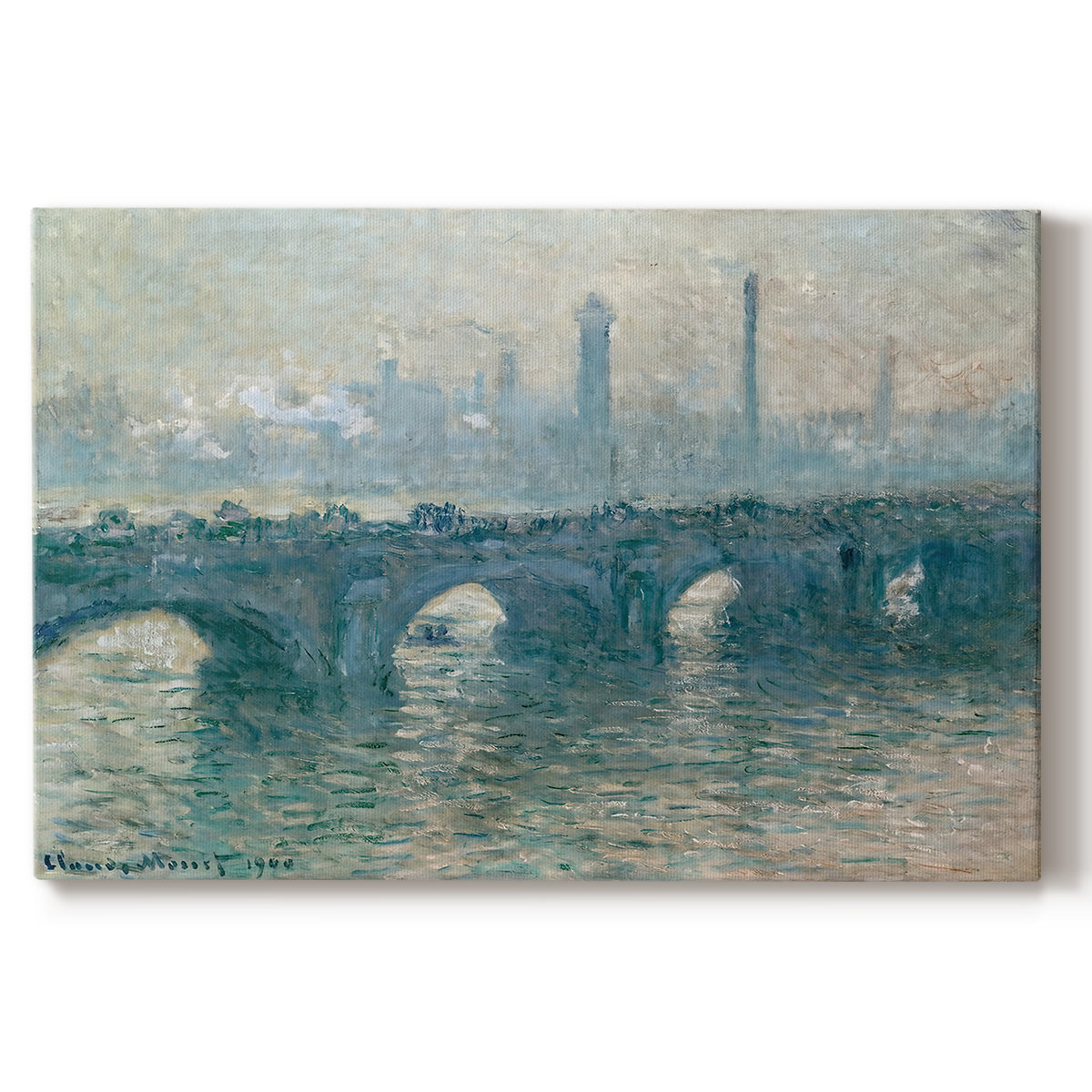 Canvas art print portraying a hazy view of Waterloo Bridge over river in gray atmospheric light, set against a white background
