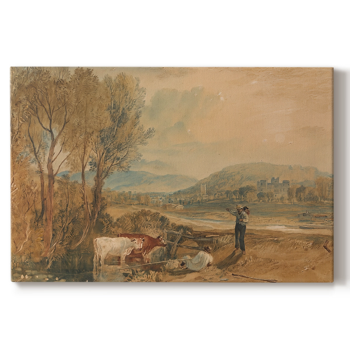 Canvas art print portraying a castle surrounded by open landscape under sky, set against a white background