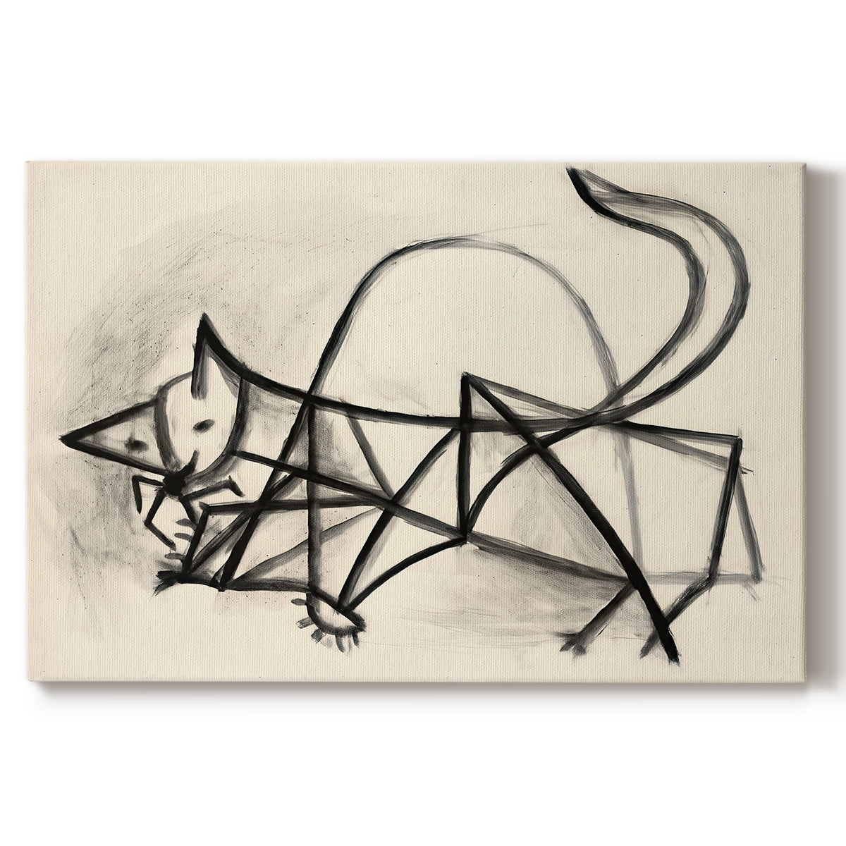 Canvas art print portraying a simplified line drawing of cat using loose strokes, set against a white background