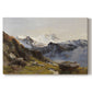 Canvas art print portraying a view of Großglockner peak from alpine hut overlooking valley, set against a white background