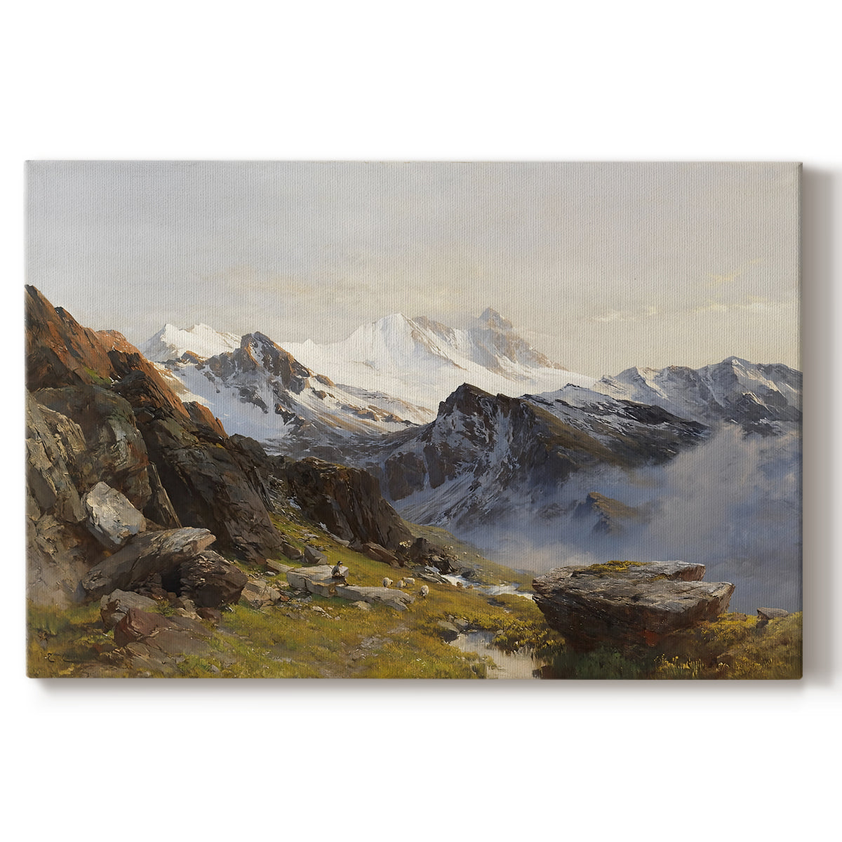 Canvas art print portraying a view of Großglockner peak from alpine hut overlooking valley, set against a white background