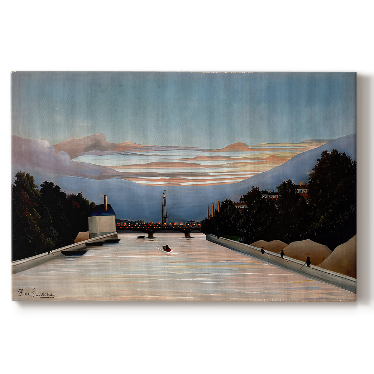Canvas art print portraying the Eiffel Tower rising above landscape with trees and open sky, set against a white background