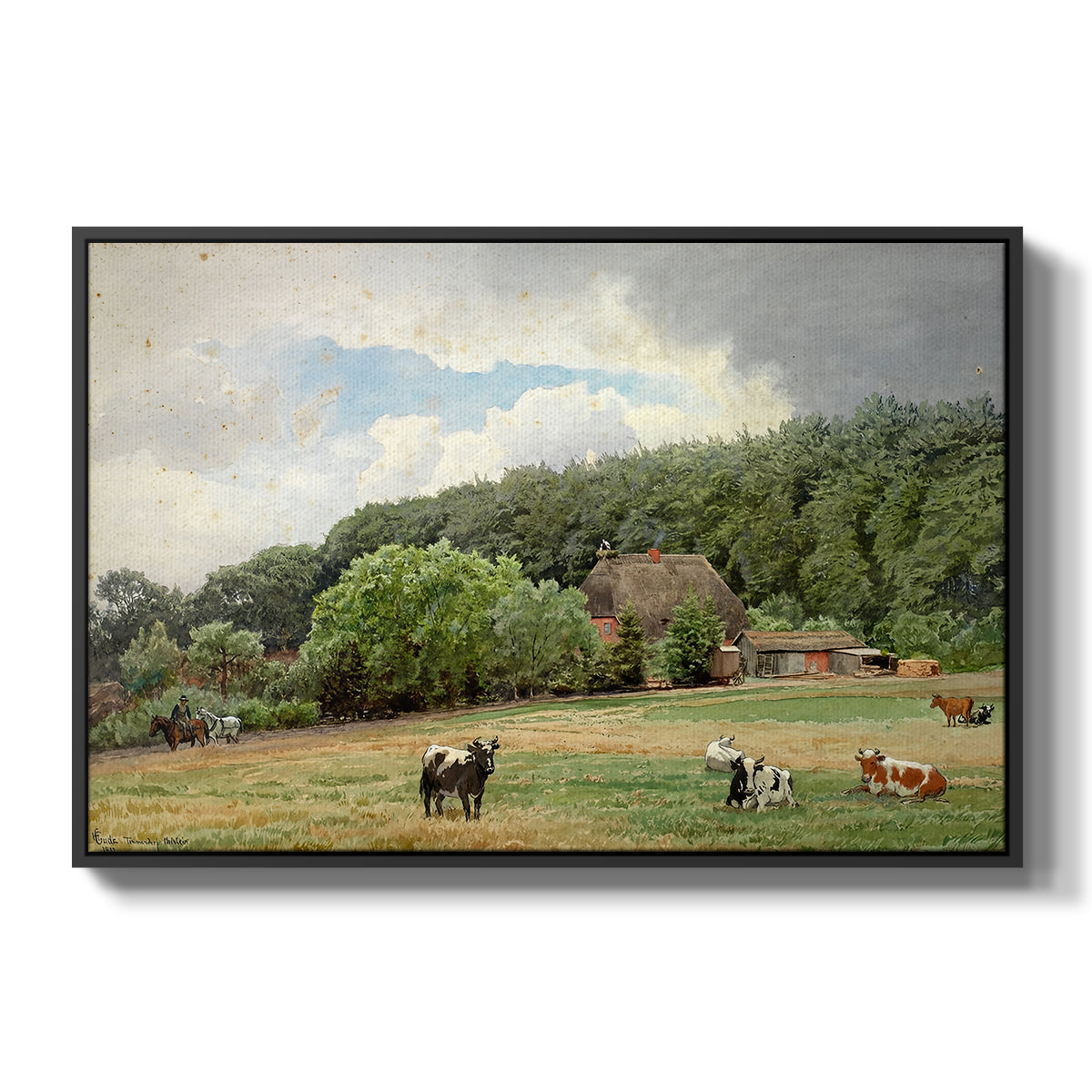 Farm with Grazing Cows (Bondegård med beitende kuer), 1892 - Floater Framed Canvas Print