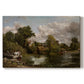 Canvas art print portraying a white horse standing near river within rural landscape, set against a white background