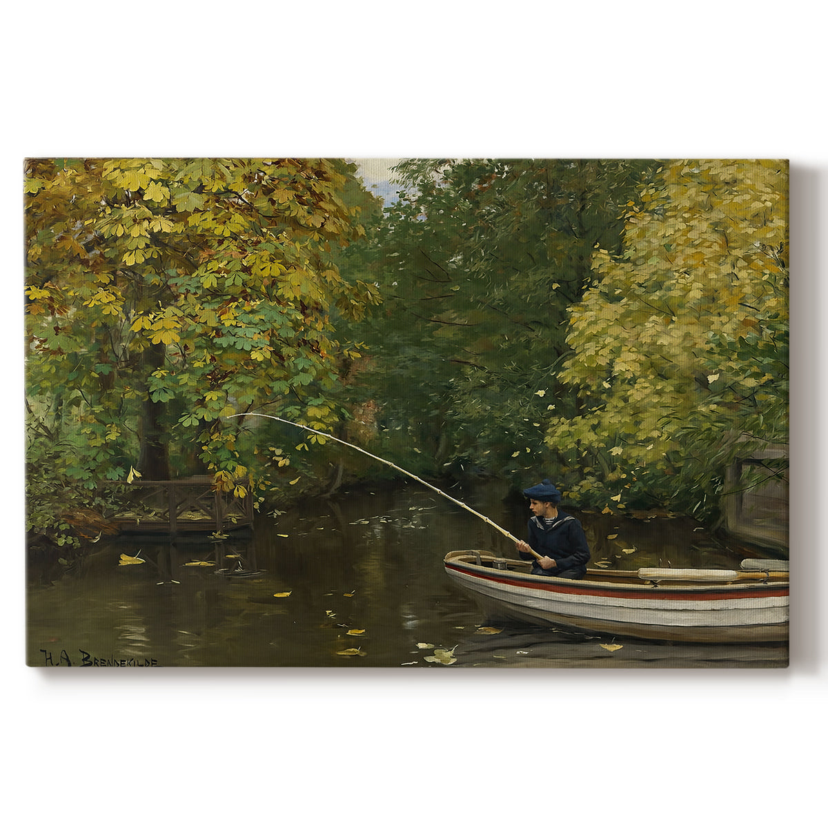 Canvas art print portraying a young boy fishing beside calm water surrounded by greenery, set against a white background