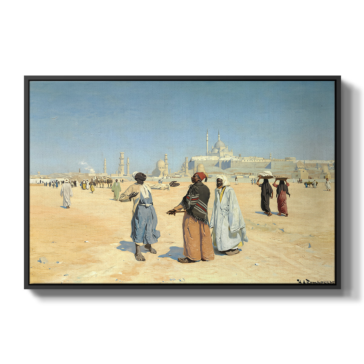 View from the Desert of Cairo with Citadel and Mamluk Tombs in the Background, c. 1889-1890 - Floater Framed Canvas Print