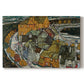 Canvas art print portraying a curved row of colorful houses forming crescent shape along water, set against a white background
