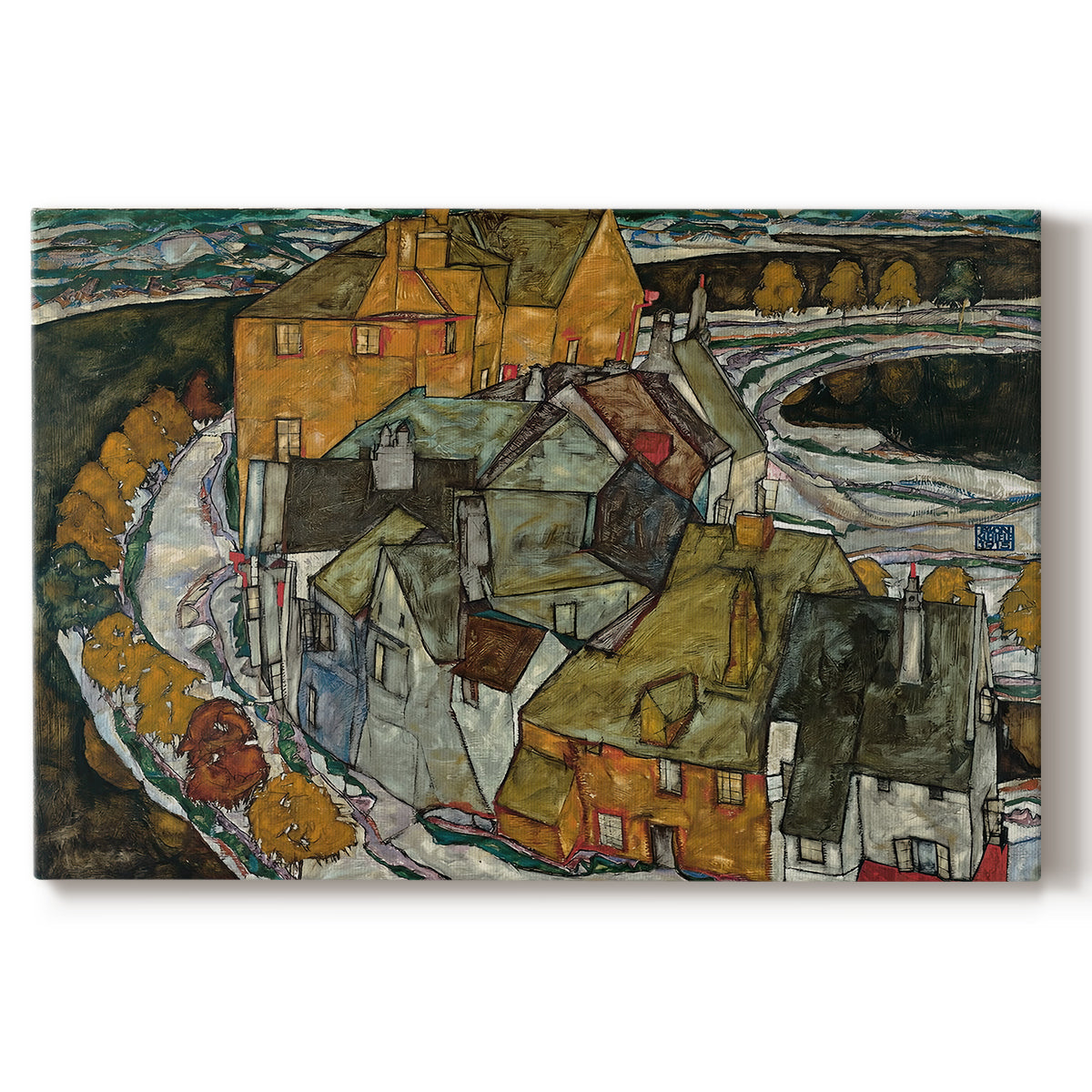 Canvas art print portraying a curved row of colorful houses forming crescent shape along water, set against a white background