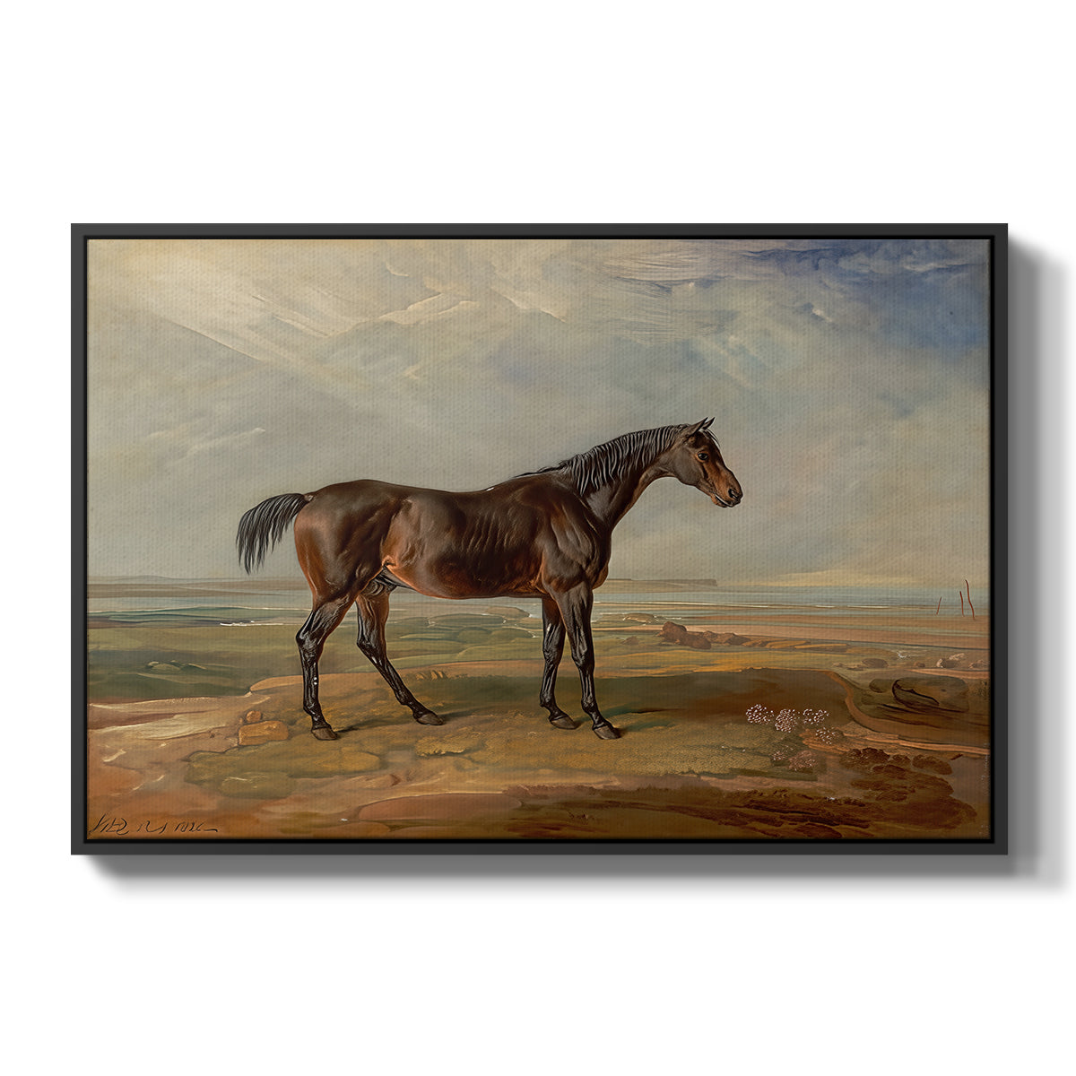 Dr. Syntax, a Bay Racehorse, Standing in a Coastal Landscape, an Estuary Beyond, c. 1820 - Floater Framed Canvas Print