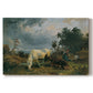 Canvas art print portraying grazing livestock resting in open heath landscape, set against a white background