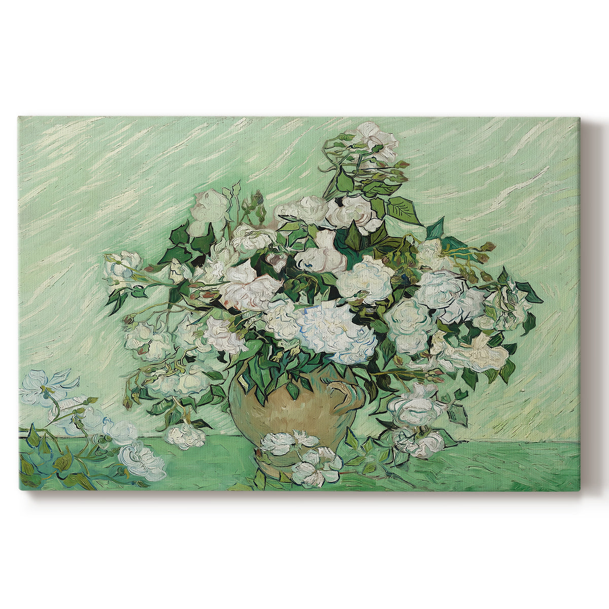 Canvas art print portraying a cluster of roses arranged in soft still life with light background, set against a white background