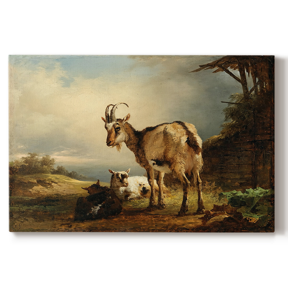 Canvas art print portraying a goat with young kids in countryside, set against a white background