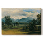 Canvas art print portraying a village landscape and countryside under wide sky, set against a white background