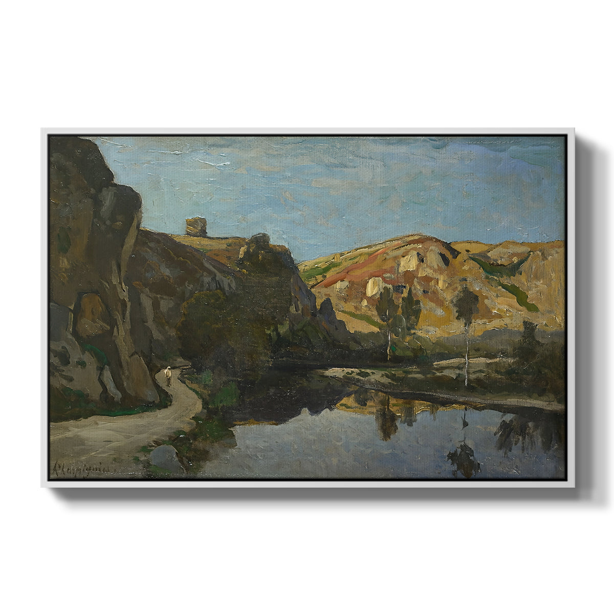 River Landscape with Cliffs, c. 1850-1860 - Floater Framed Canvas Print