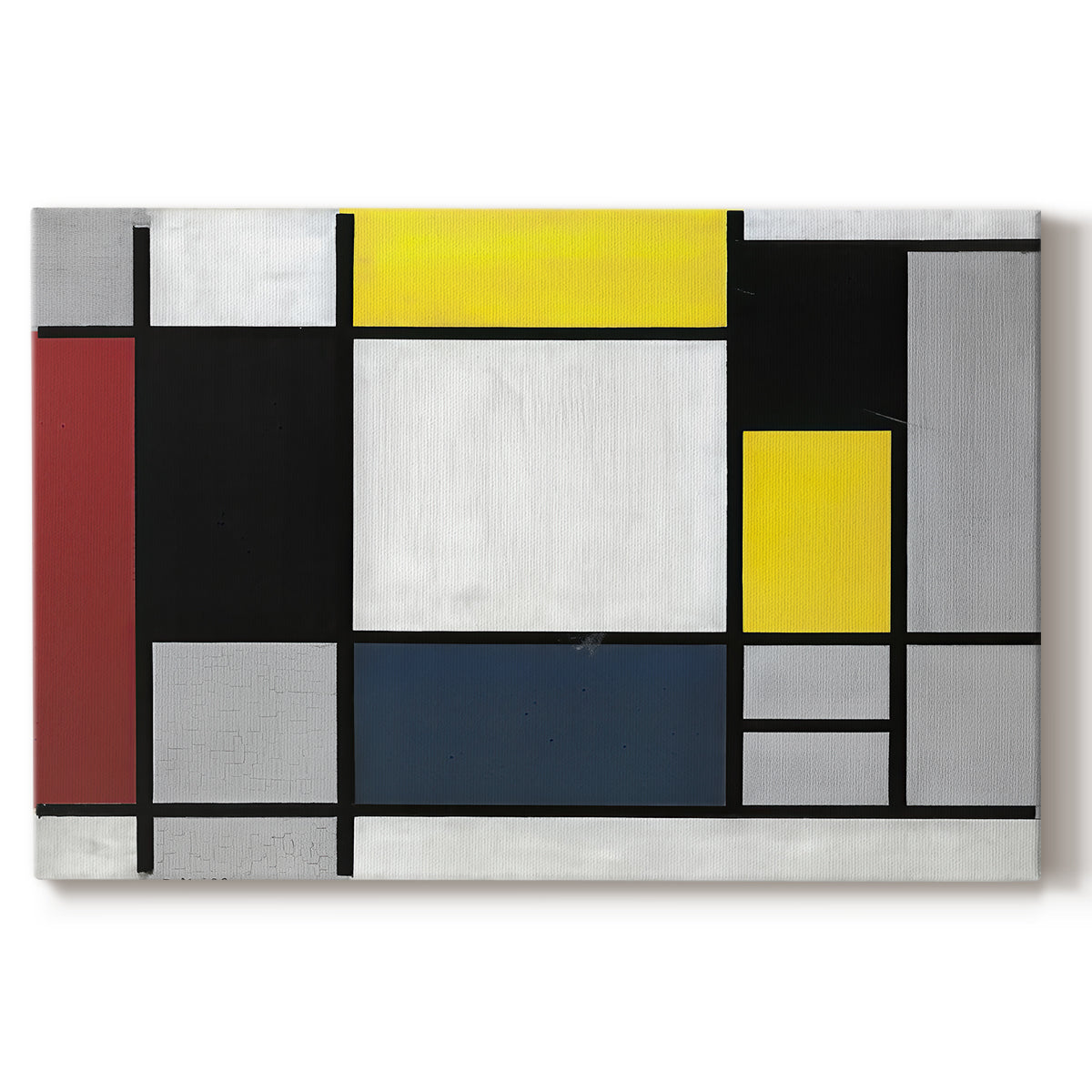 Canvas art print portraying a grid of rectangles with primary colors and black lines, set against a white background