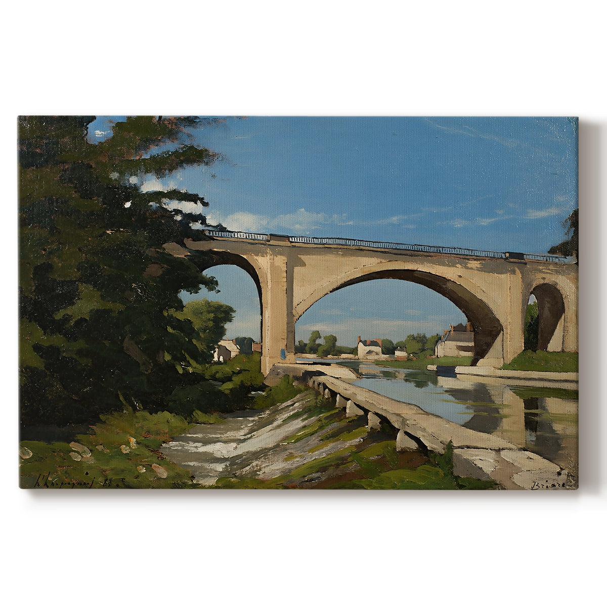 Canvas art print portraying an arched bridge spanning river with structure reflected in water, set against a white background