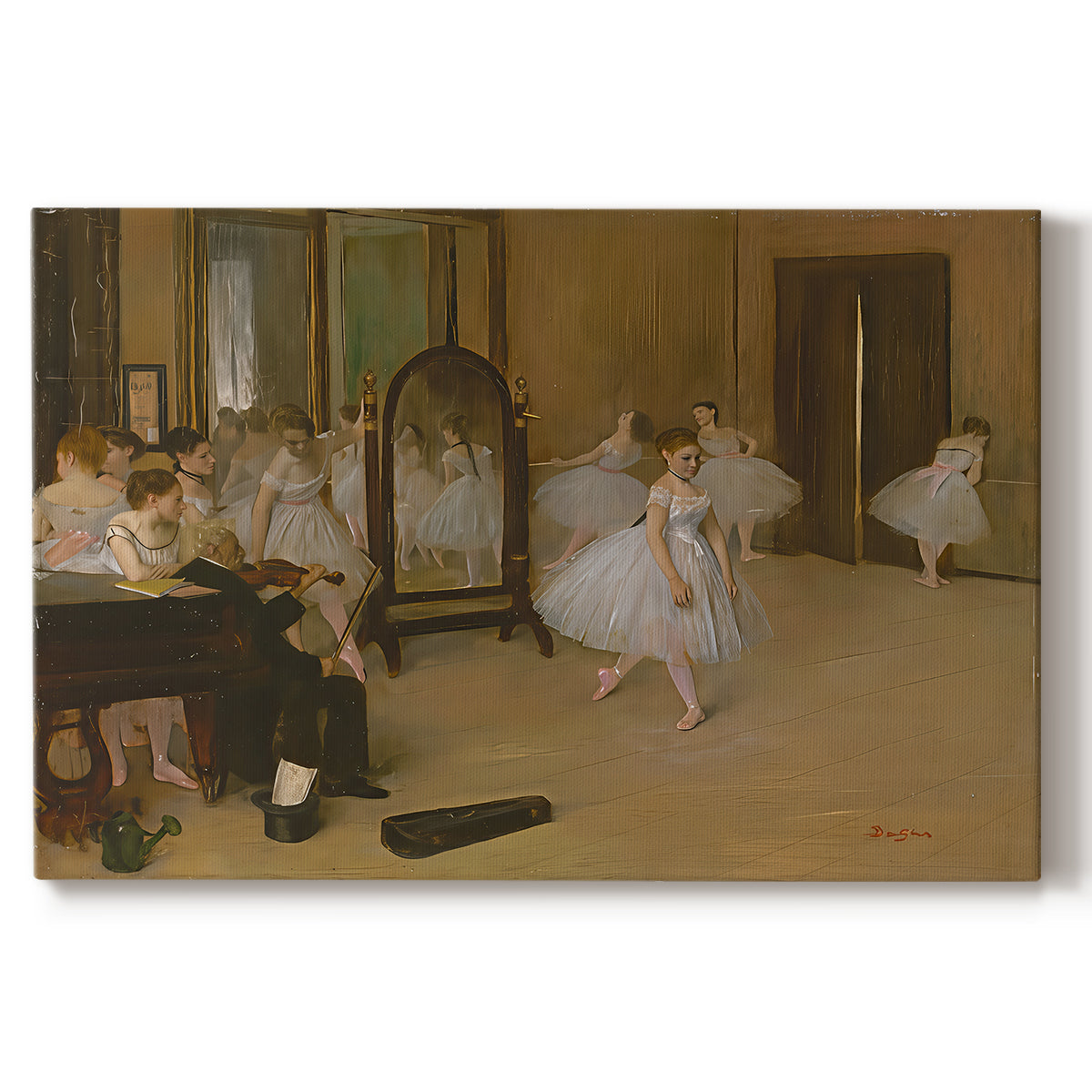 Canvas art print portraying a ballet class with dancers practicing positions under instructor guidance, set against a white background